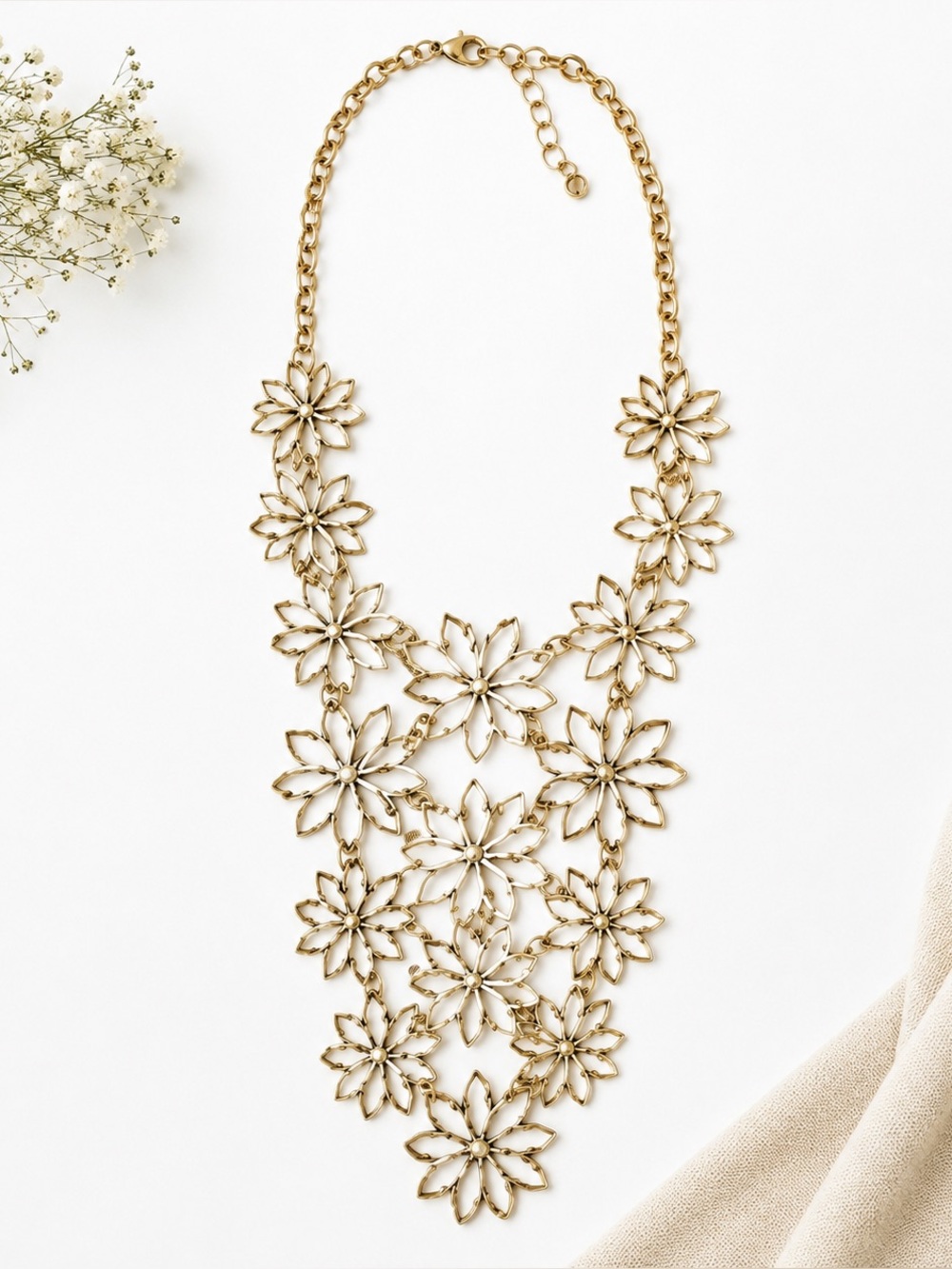 Gold Tone Floral Statement Bib Necklace Boho Cottagecore Wedding